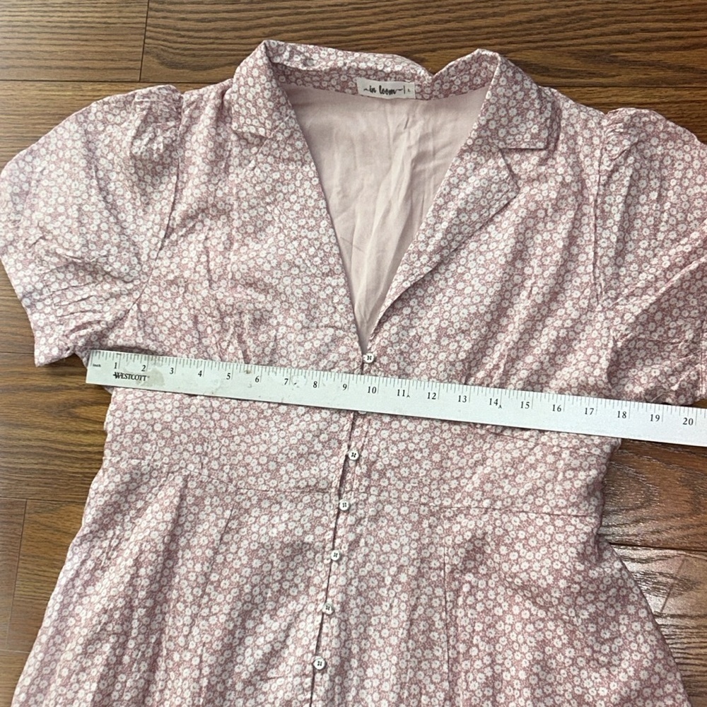EUC In Loom Soft Pink & White Lined Elise Collared Floral Dress Balloon Sleeve L - Picture 8 of 9